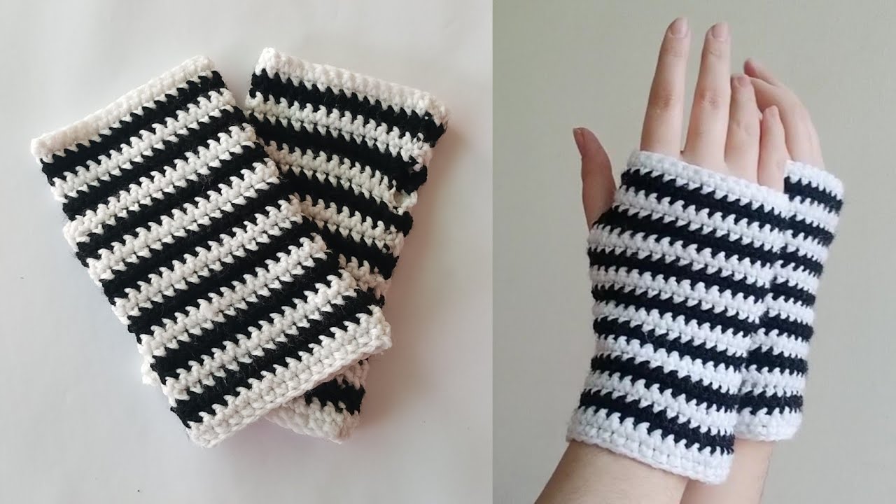 Crochet striped fingerless gloves / easy tutorial for beginners