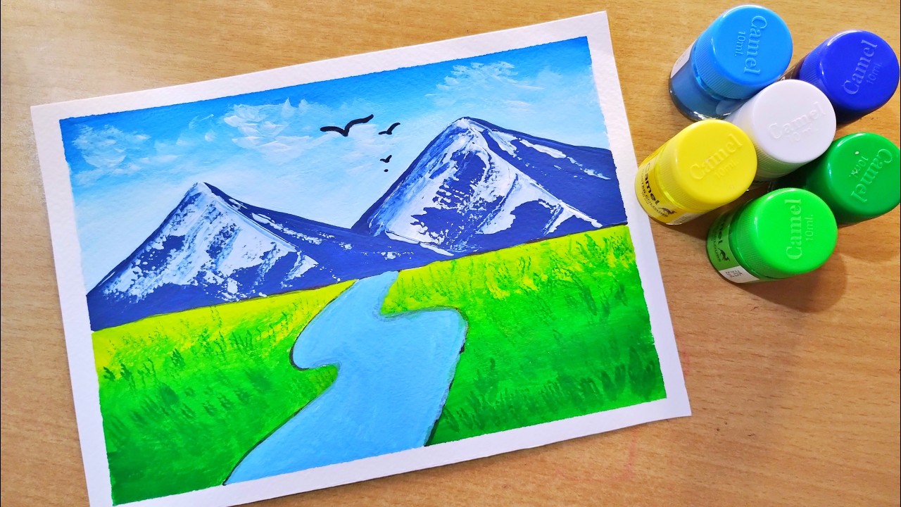 mountain landscape painting | poster colour painting | scenery painting | blue sky scenery painting