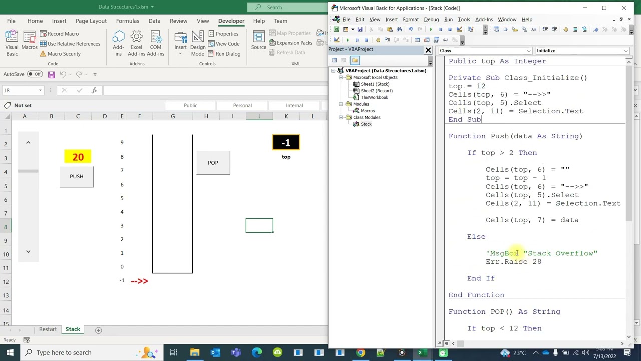 Visualization of Stack Data Structure using Excel VBA