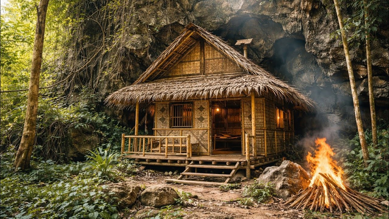 Building a Bamboo Survival Shelter Under a Rock Cliff | Forest Roof & Fire