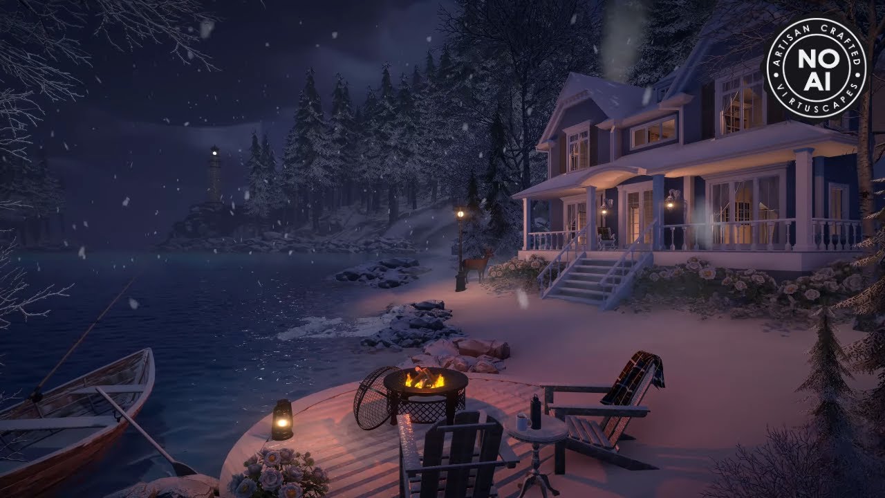 White Pines Winter Cottage | Night Ambience | Firepit, Snow, Blizzard & Coastal Nature Sounds