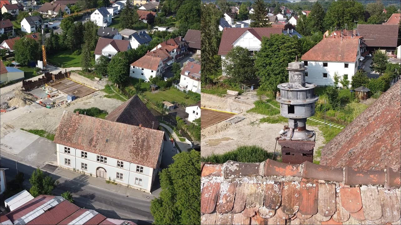 Drohnenaufnahme historische Weltkriegssirene Elektror L138 | Altes Rathaus Hilzingen