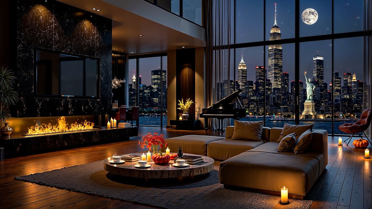 Tranquil Night in Luxury NYC Apartment with Smooth Jazz Saxophone & Crackling Fireplace for Relaxing
