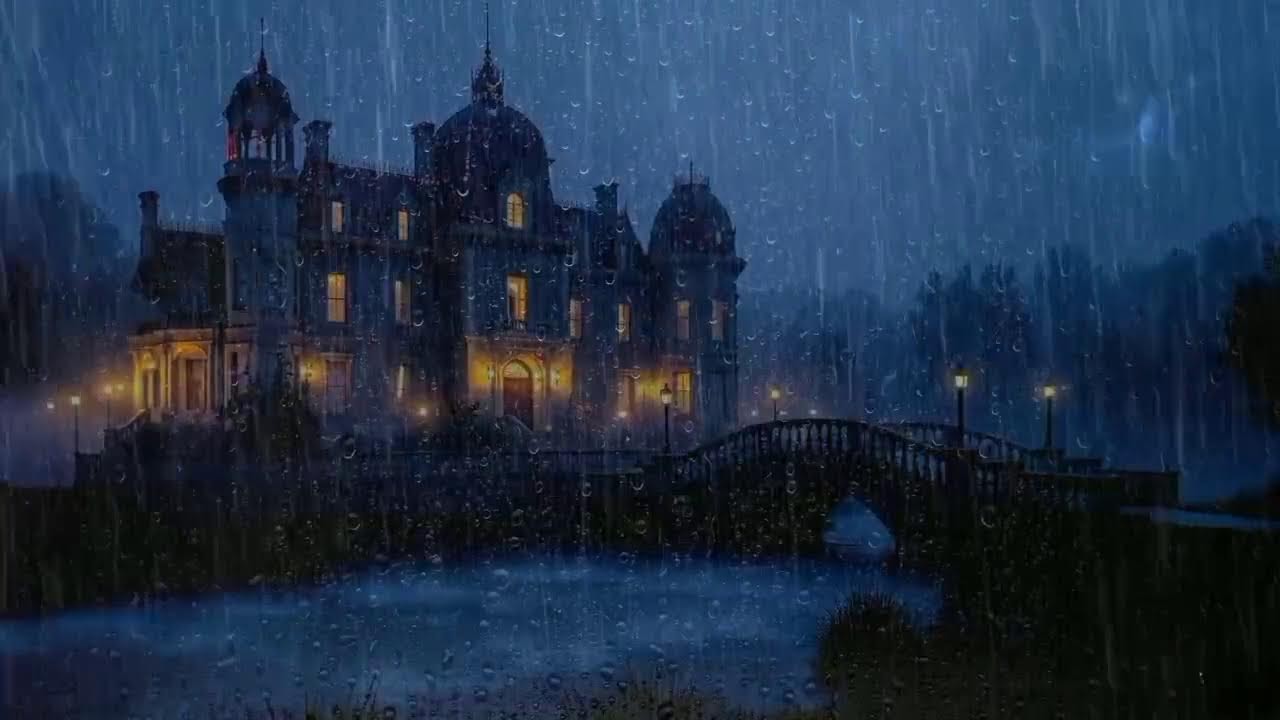 Rainy Night by the Waterfall Manor | Natural Rain Ambience for Insomnia | rain sounds for sleep USA