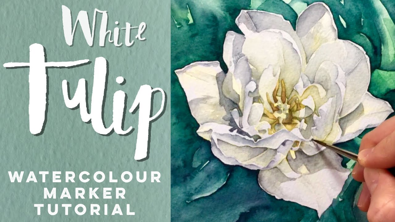 Painting a White Tulip flower // Watercolor markers tutorial // Aquamarker