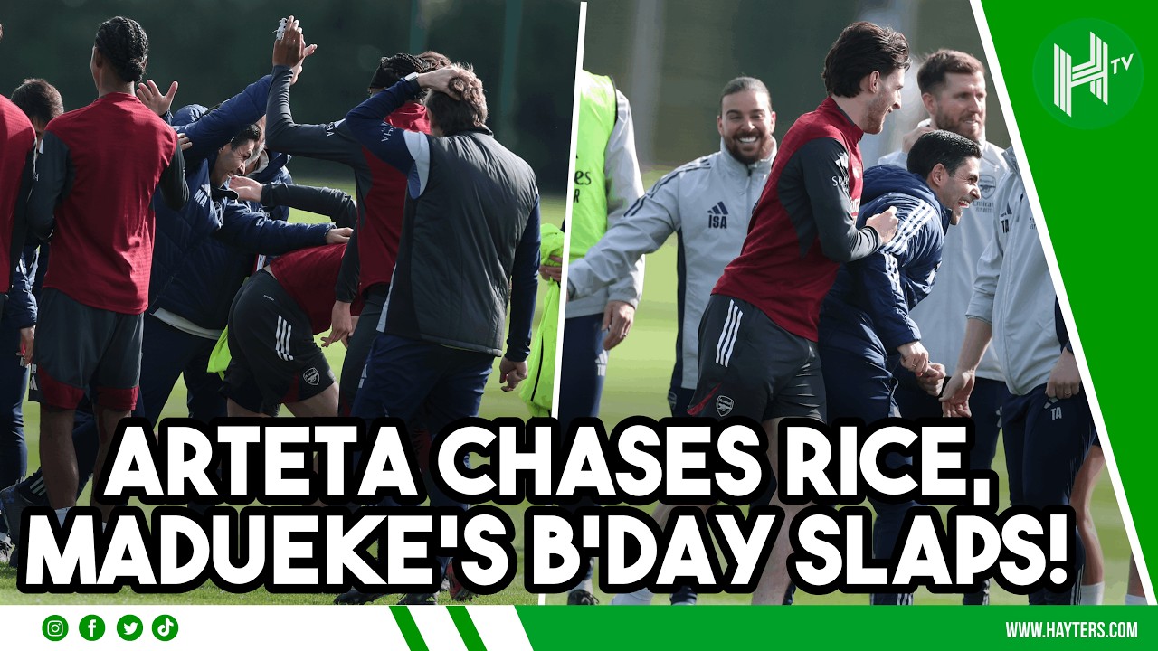 Arteta CHASES Rice, Madueke's birthday SLAPS in FUN Arsenal training