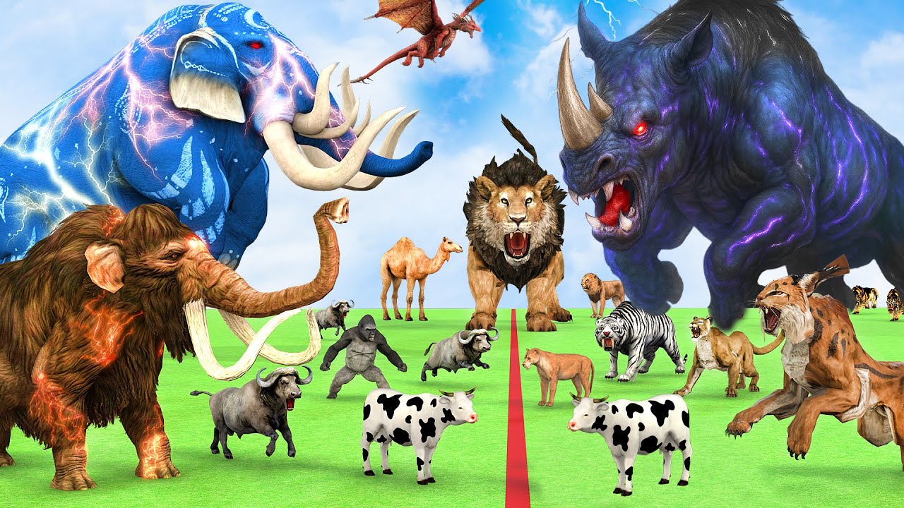 5 Giant Mammoth Elephant Cow Vs Giant Indian Rhino Vs 5 Giant Lion Tiger Saved By Woolly Mammoth