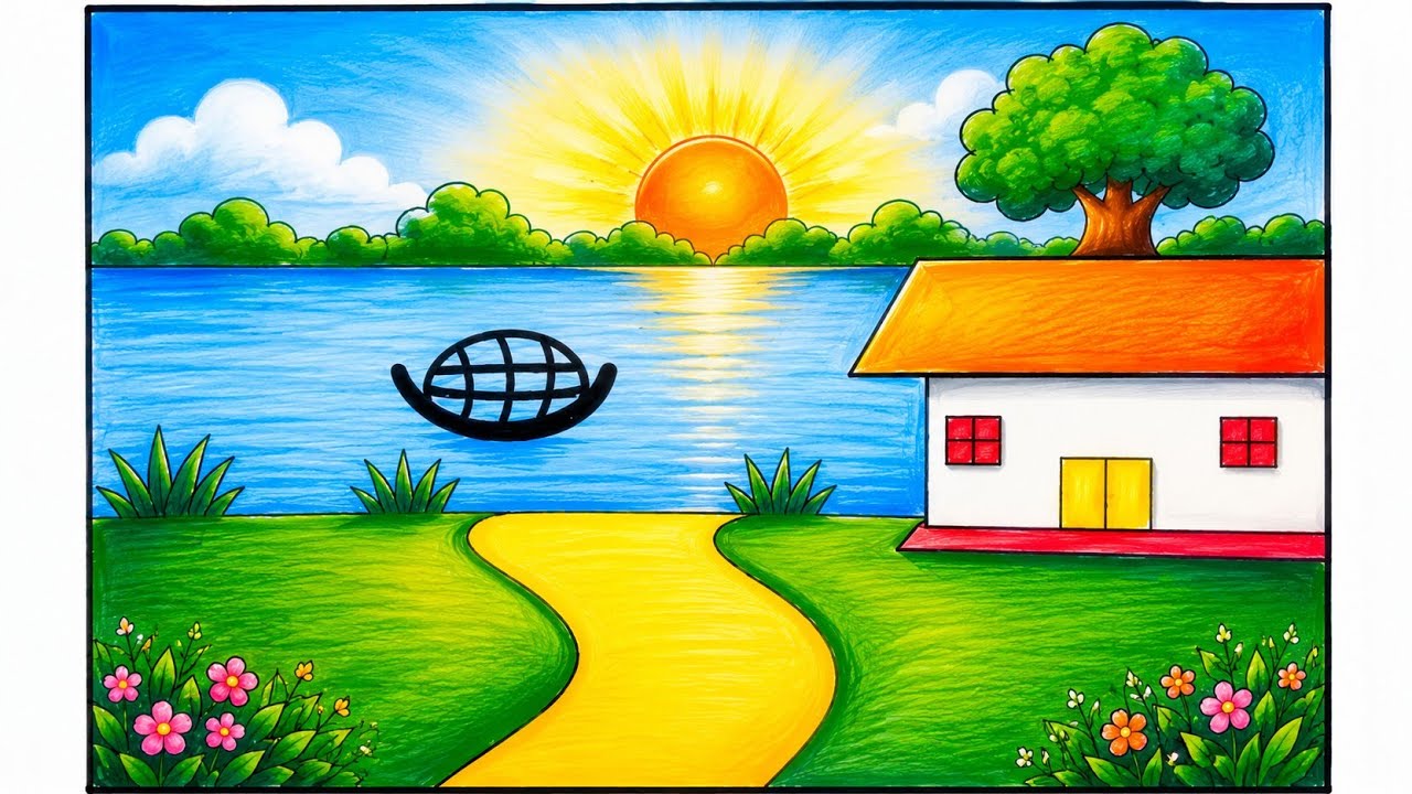 Step by Step Village Scenery Drawing 🏡🌳