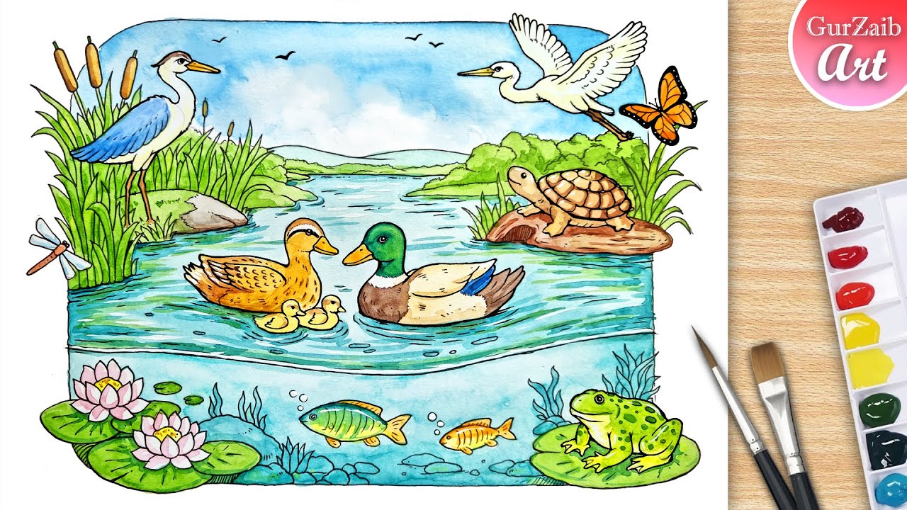 How to draw world wetlands day Poster drawing / wetland animals drawing / save wetlands poster