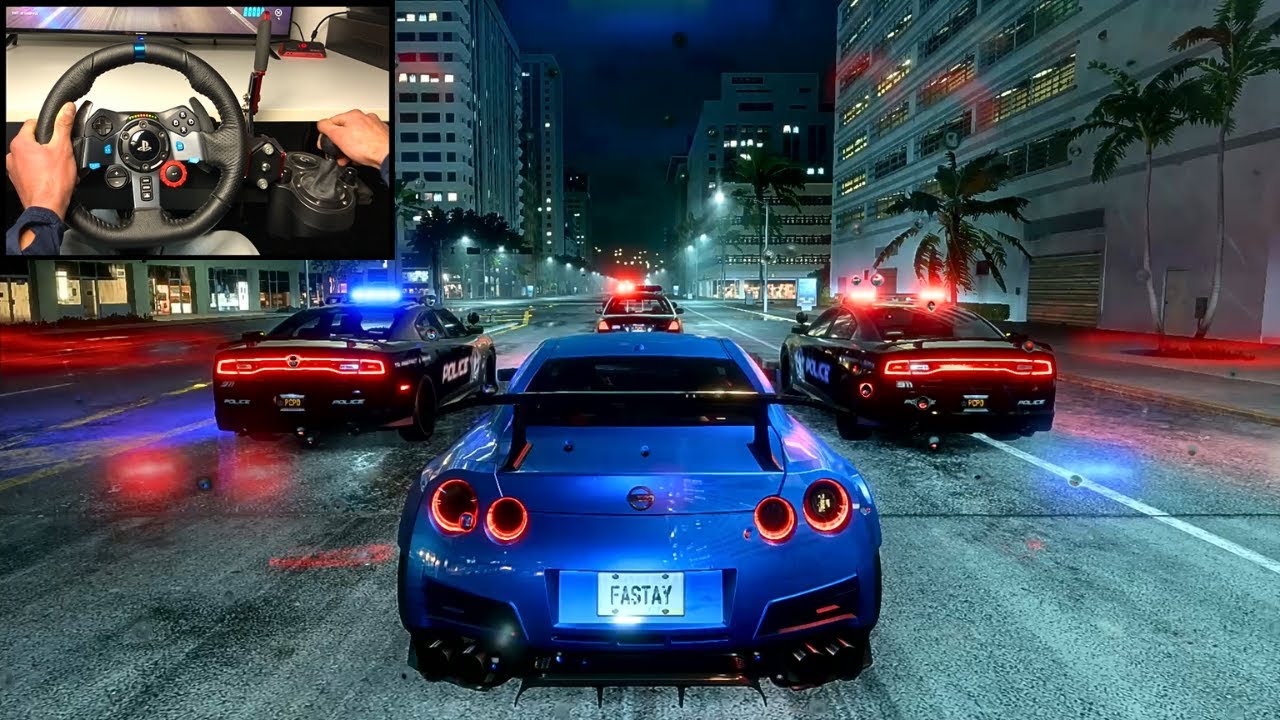 Police Chase Nissan GTR - NFS HEAT - Steering Wheel Gameplay