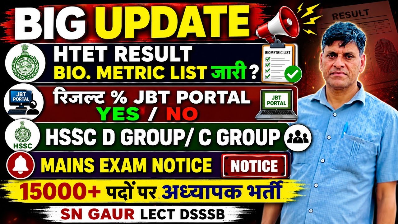 BIG UPDATE। HTET RESULT BIO. METRIC LIST जारी? RESULT % JBT PORTAL YES/NO।HSSC C & D GROUP EXAM DATE
