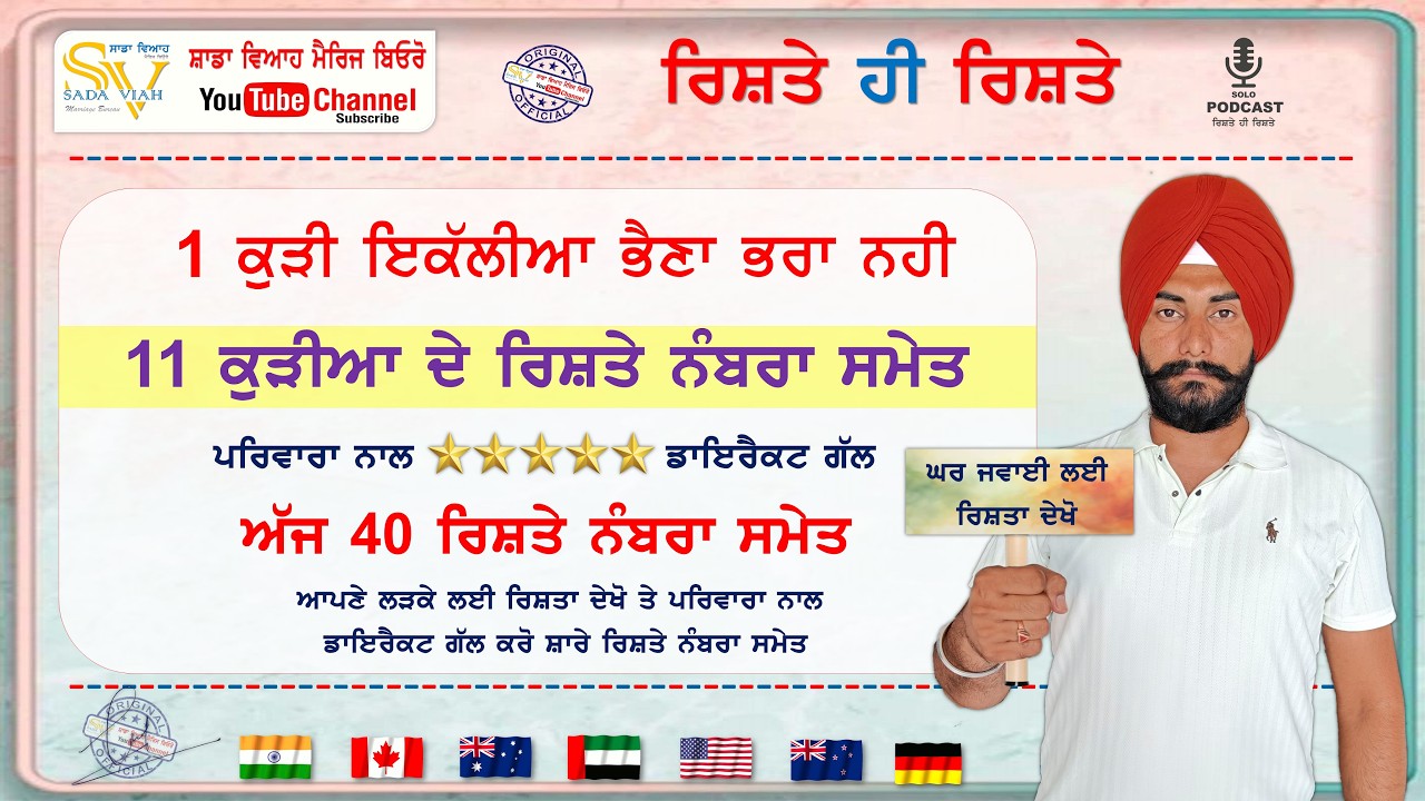 ਘਰ ਜਵਾਈ ਲਈ ਰਿਸ਼ਤਾ ਦੇਖੋ | 11 ਕੁੜੀਆ ਸਮੇਤ 40 ਰਿਸ਼ਤੇ ਨੰਬਰਾਂ ਸਮੇਤ | rishte hi rishte | Sada viah rishte