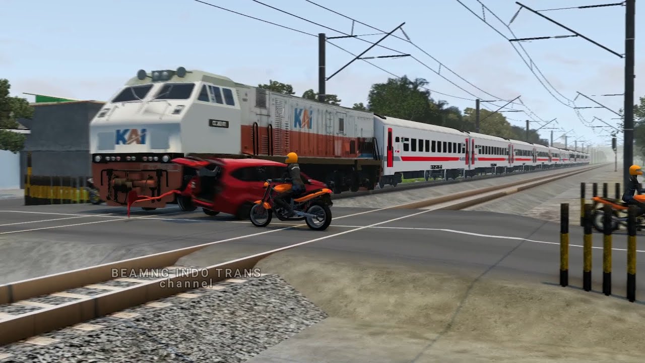 Ilustrasi KA Bangunkarta tabrak mobil dan motor di Sleman, game Beamng drive