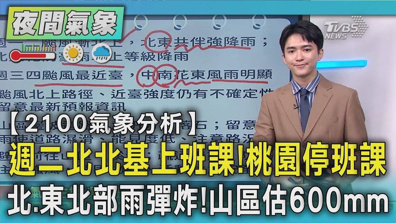 【2100氣象分析】週二北北基上班課!桃園停班課 北.東北部雨彈炸!山區估600mm｜TVBS新聞 @TVBSNEWS01