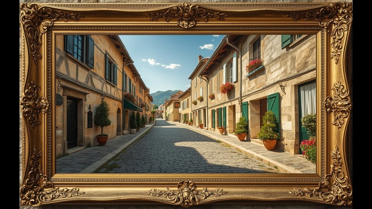 Serene Rustic Village Painting| Framed Wall Art | TV screensaver | TV Wallpaper | 4K