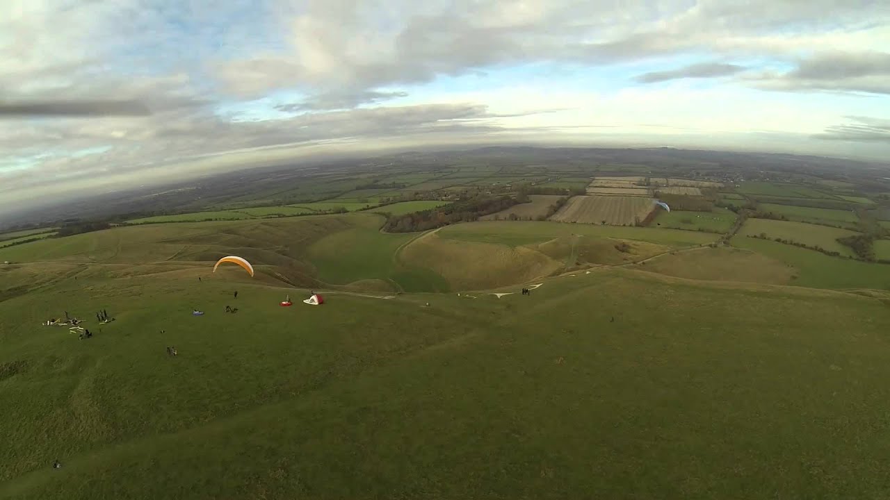 Paragliders at Uffington White Horse, Oxfordshire, UK. Filmed with Spyda Quadcopter