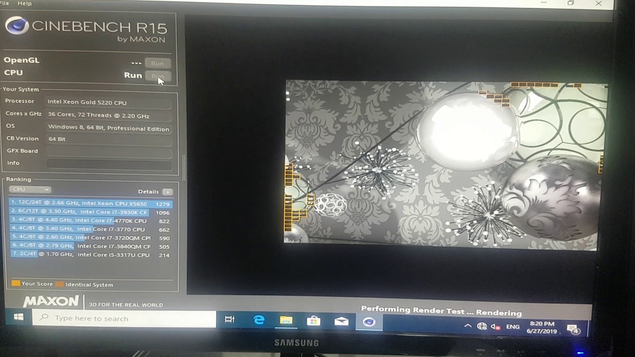 2 x Intel&reg; Xeon&reg; Gold 5220 замер в Cinebench R15 / 36 ядер / 72 потока / Windows 10