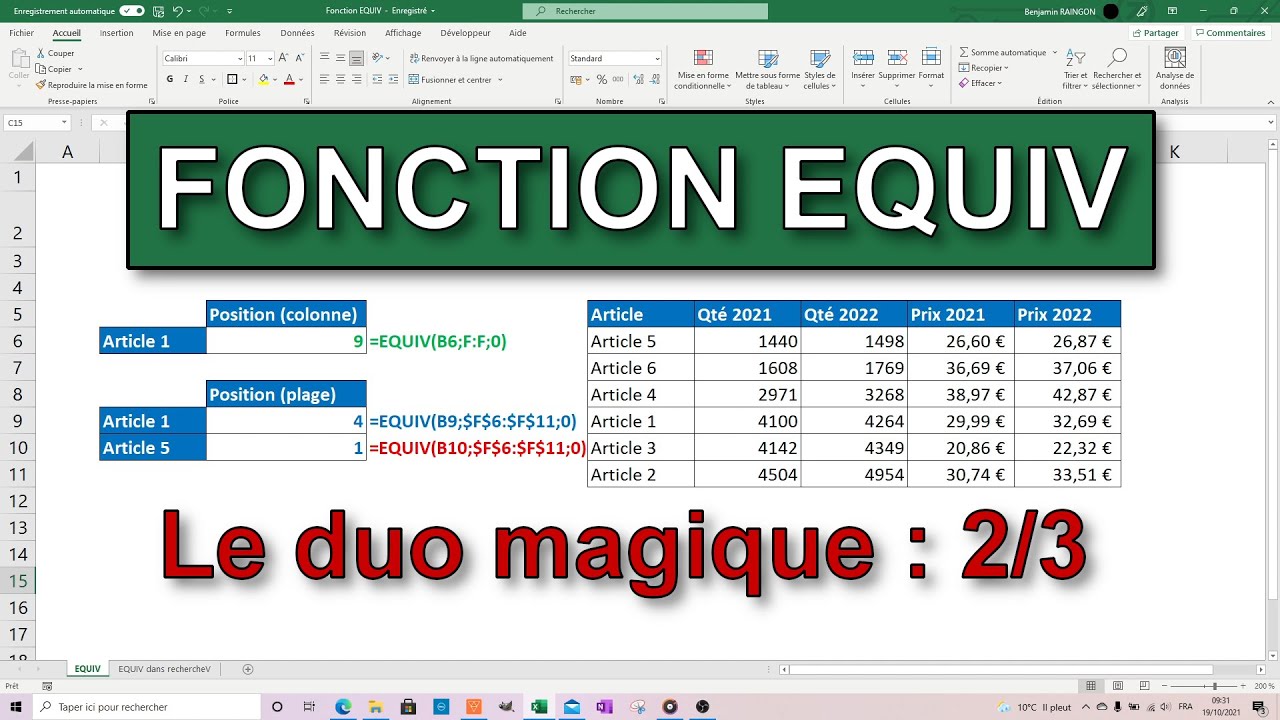Fonction Excel : EQUIV, pour identifier une position