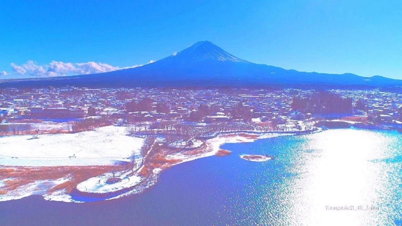 4K映像 絶景ドローン空撮「富士山 厳冬の河口湖」正月 新春 富士五湖 六角堂 河口湖大橋 鵜の島 冬景色 雪景色 1月中旬