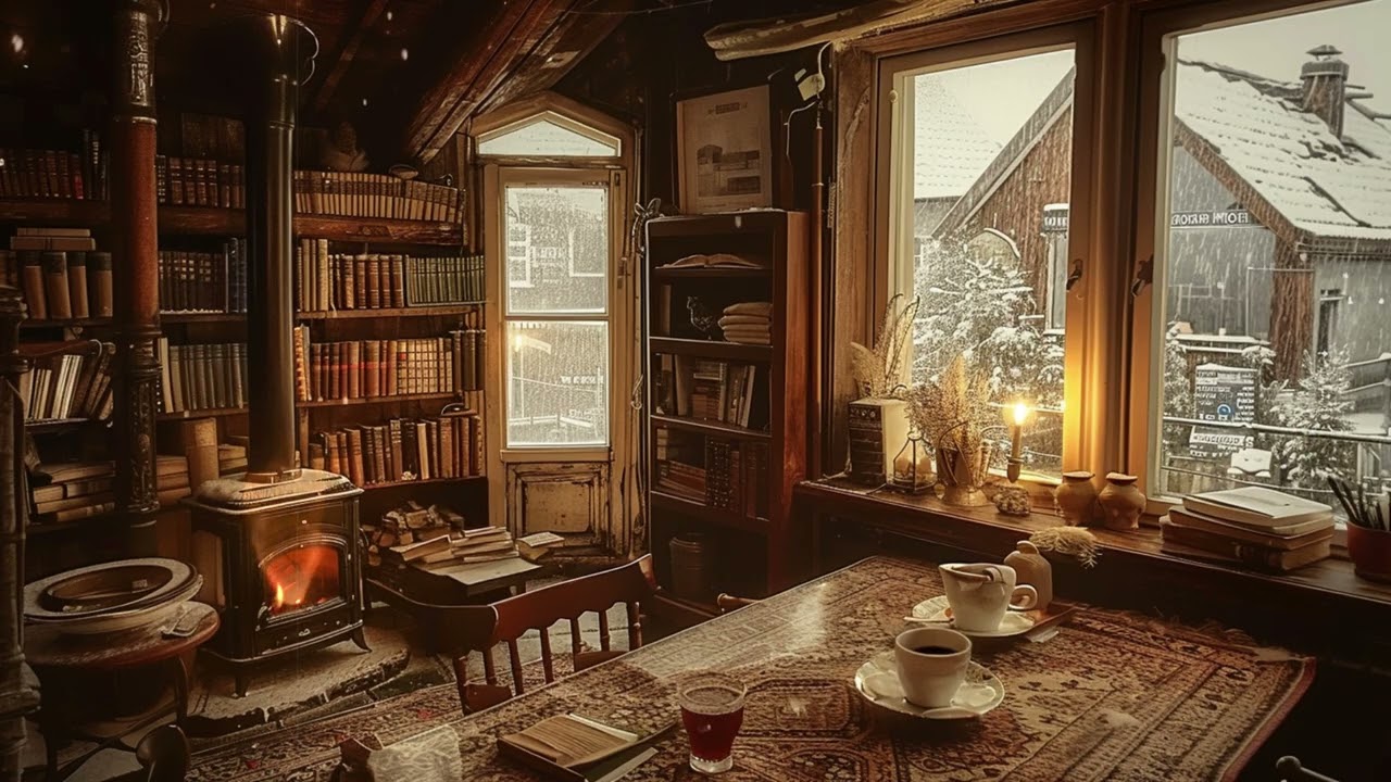 1960s Vintage Jazz | Quiet Snowy Morning at a Cozy Library Cafe with Fireplace Sounds