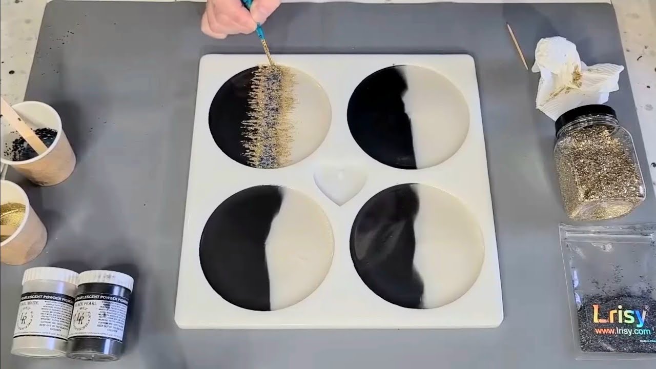 #2240 Glittery Black, White And Gold Resin Coasters