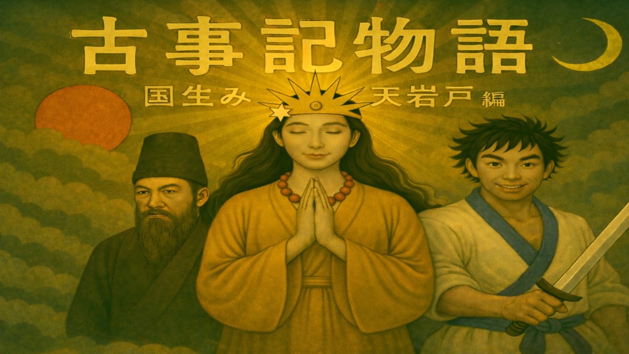 古事記物語  (こじきものがたり) 国生み  天岩戸編  絵本朗読 読み聞かせ 日本神話  日本の始まり 伊弉諾 イザナギ 伊弉冉 イザナミ  伊勢神宮 天照大御神 神々の物語 ことりのおはなし森