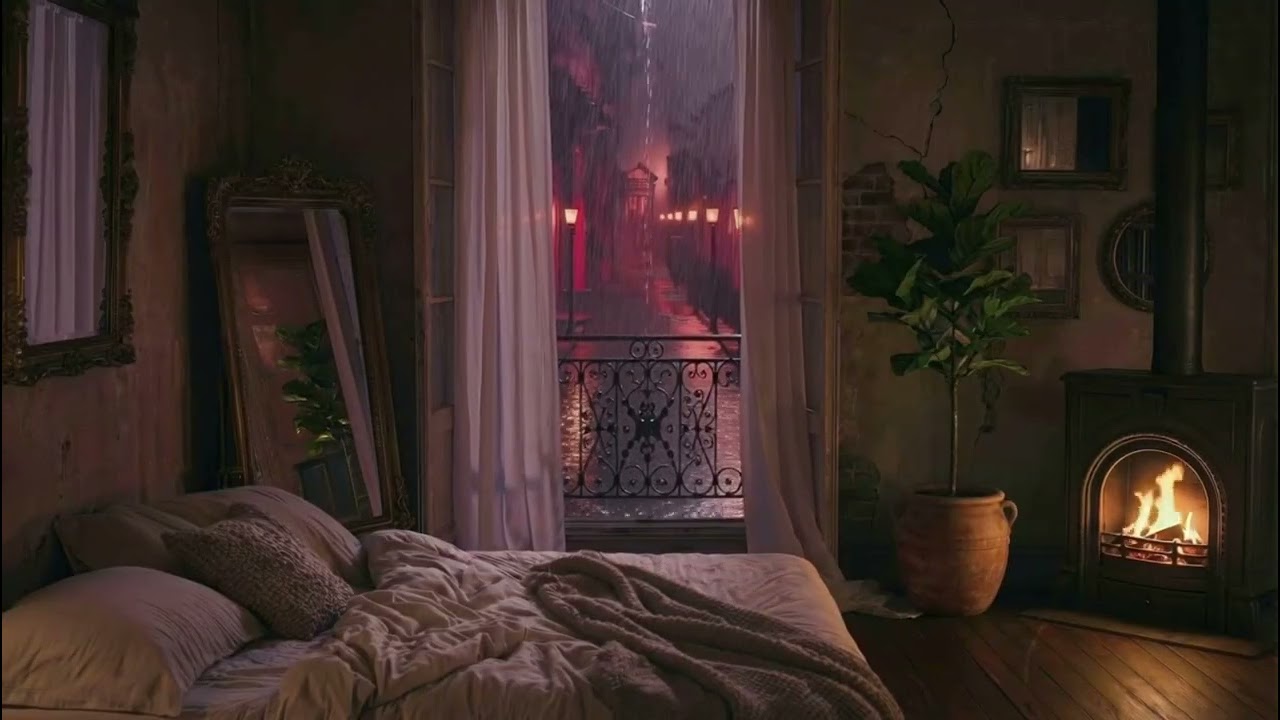 NOLA Apartment at Night with Rain, Fireplace, Occasional Thunder | Relax or Sleep (8 Hours)