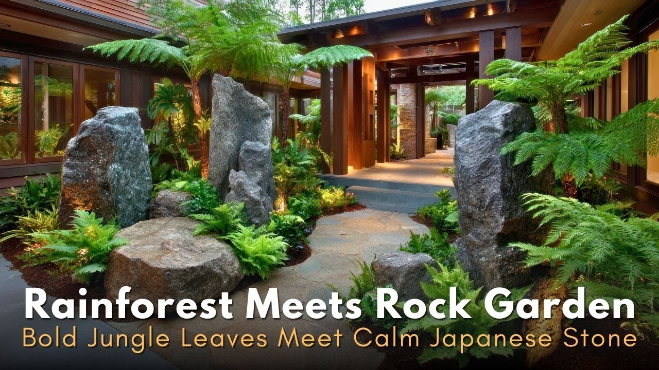 Biophilic Interior Integration Merging Tropical Leaf Textures With Traditional Japanese Stone Garden