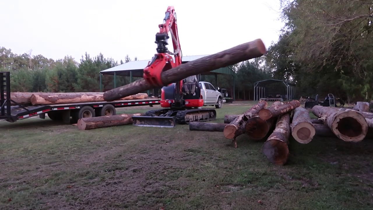 Mini excavator unloading logs | Rotobec grapple