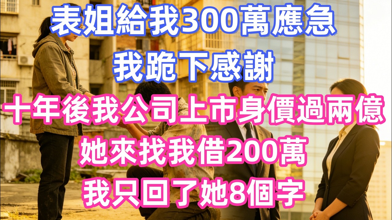 表姐給我300萬應急，我跪下感謝，十年後我公司上市身價過兩億，她來找我借200萬，我只回了她8個字      #情感 #退休生活 #生活智慧 #故事 #婚姻