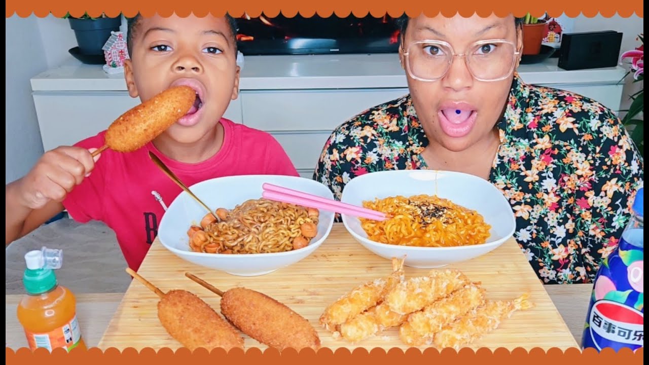FIRE NOODLES, SHRIMP, CORNDOG MUKBANG