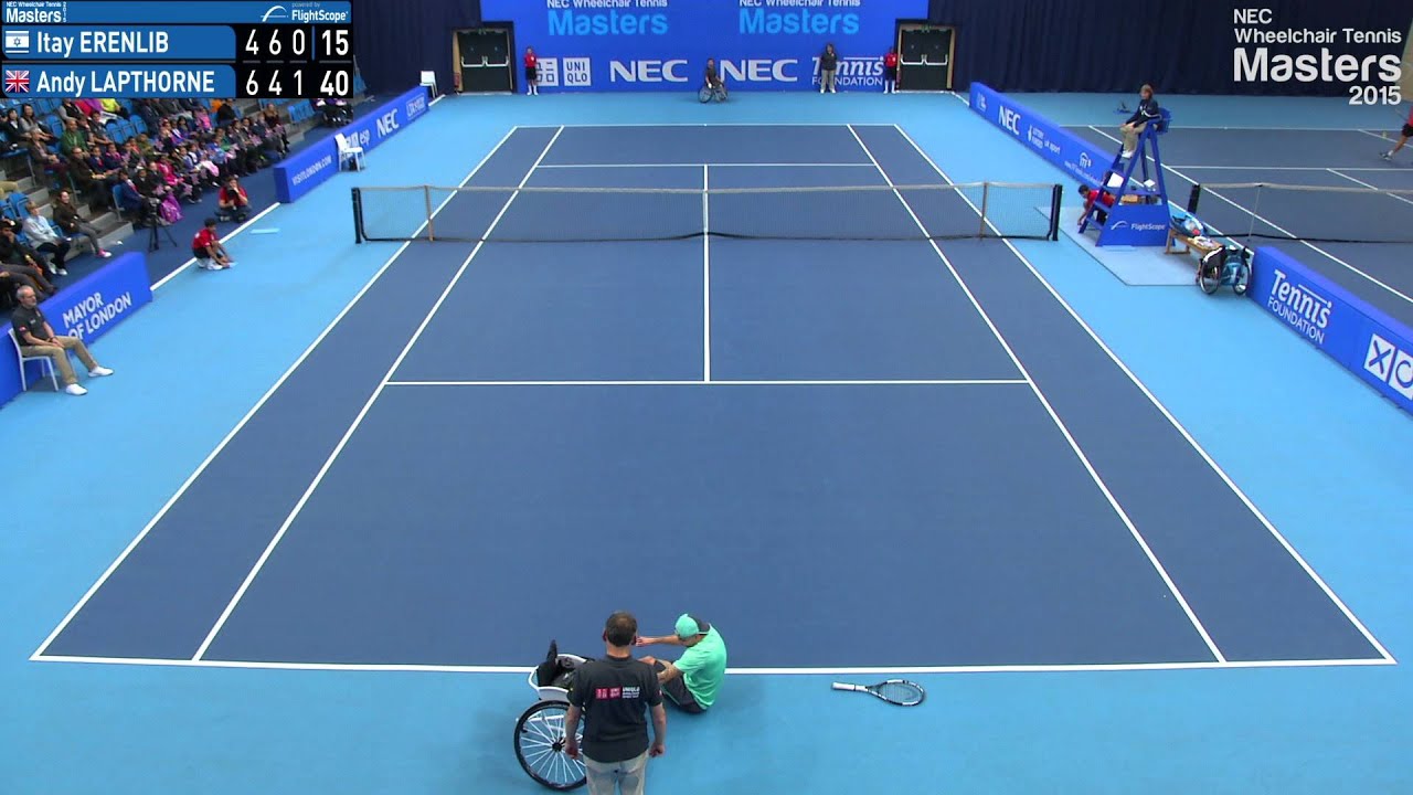 Andy Lapthorne falls out of his wheelchair at the NEC Wheelchair Tennis Masters