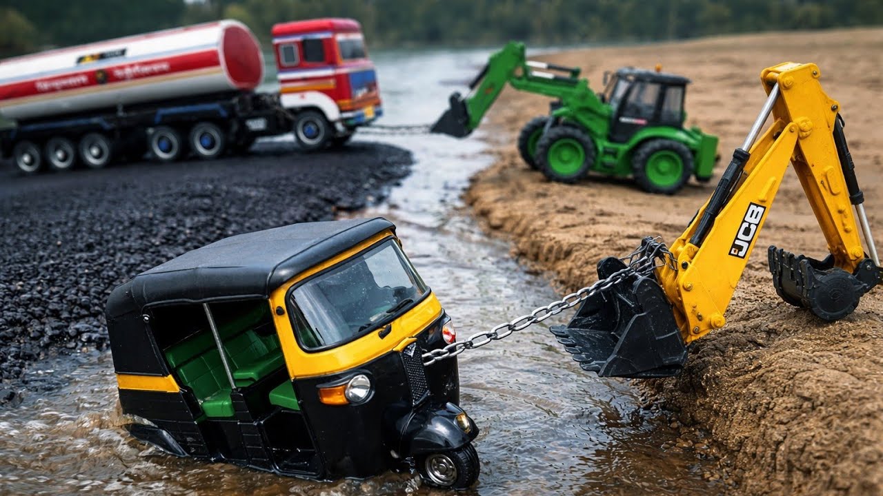 Auto Rickshaw River Accident Rescue by JCB 5CX 😱 | JCB  Rescue | Realistic Toy Rescue Video | DA TOY