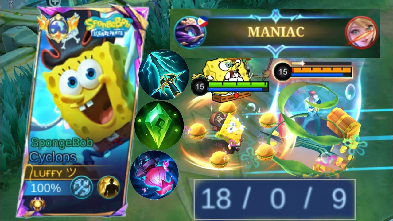 18 KILLS MANIAC!! 😱 Cyclops SpongeBob = SUPER KILLING MACHINE ~ MLBB