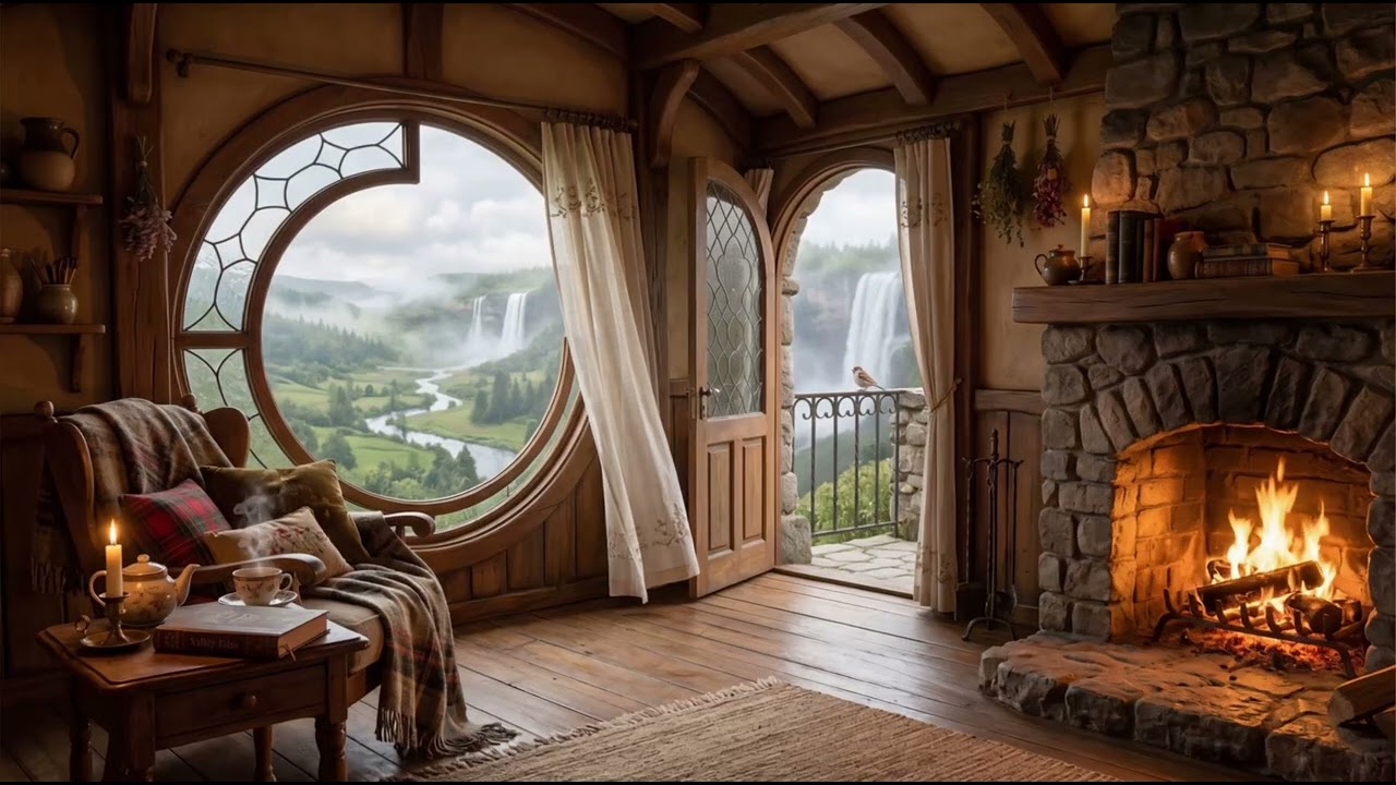 🌿 Spring Cottage Fireplace (3 HOURS) Waterfall Valley Window View • Crackling Fire Sounds | Loop #09
