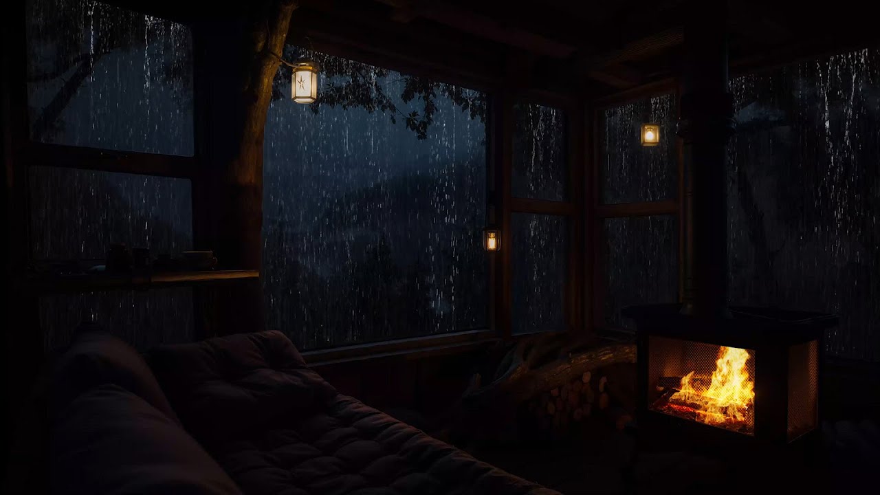 Calm Rain and Fire Sounds in Rustic Cabin | Cozy Ambience for Working Late at Night