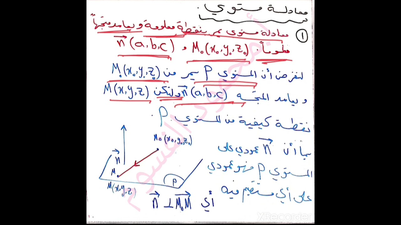 المقطع ١ المستوي في الفضاء تعريف ومعادلة المستوي حالة اولى وامثلة