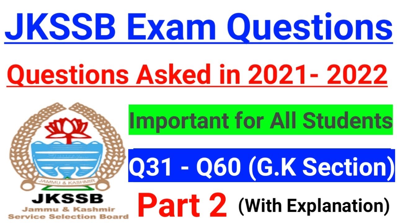 JKSSB Exam Questions - Part 2 || JKSSB Paper (2021 - 2022) || Previous Year Questions of JKSSB