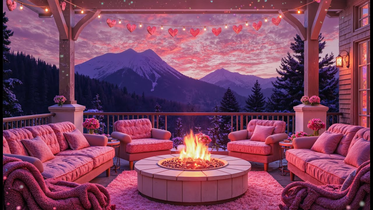 💘 Pink Valentine’s Mountain Retreat 💕 Cozy Fireplace Piano Ambience for Relaxing