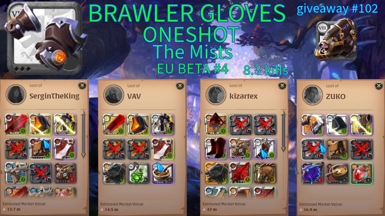 ONESHOT BRAWLER GLOVES The Mists | EU BETA #4 | 8.3 kills | Albion online - giveaway #102