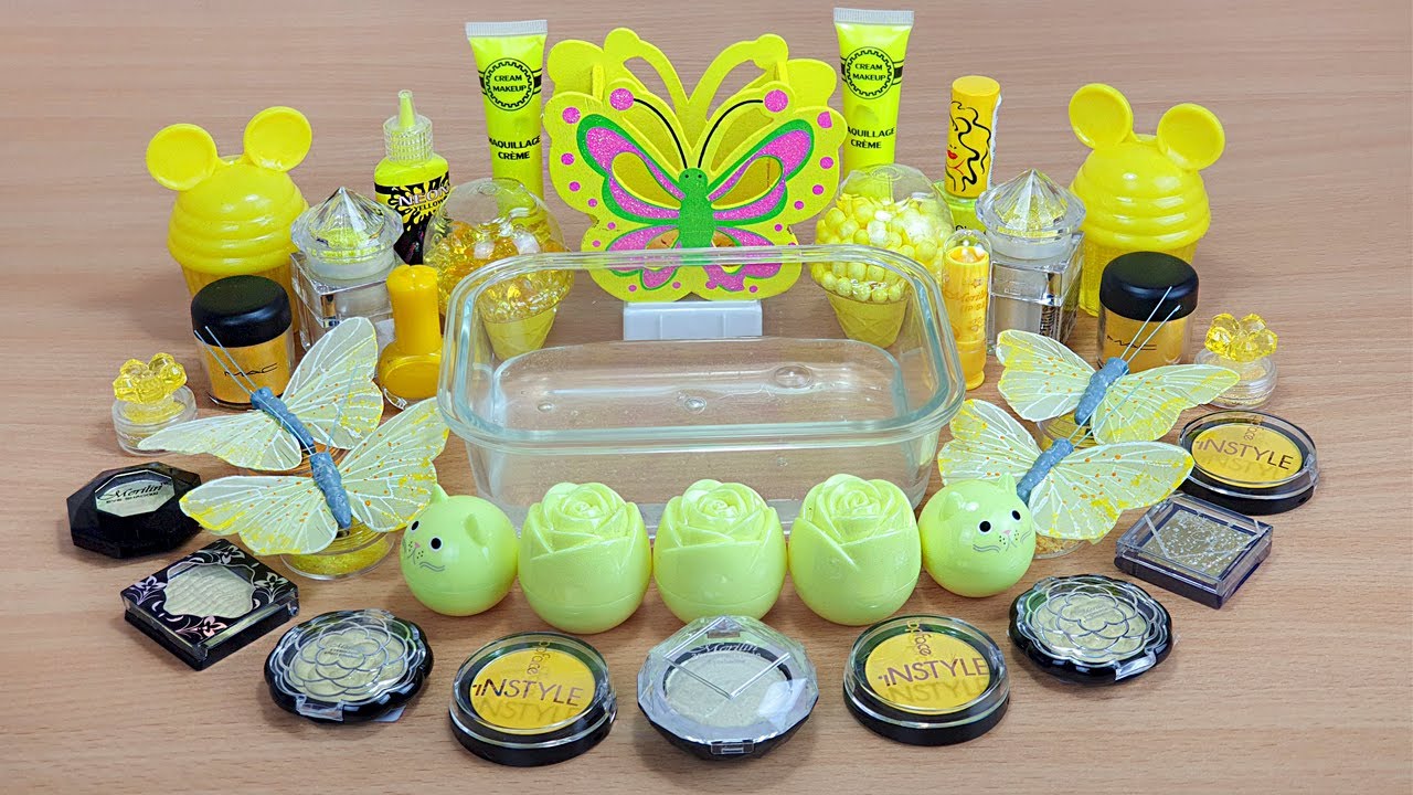 YELLOW BUTTERFLY SLIME Mixing makeup and glitter into Clear Slime Satisfying Slime Videos