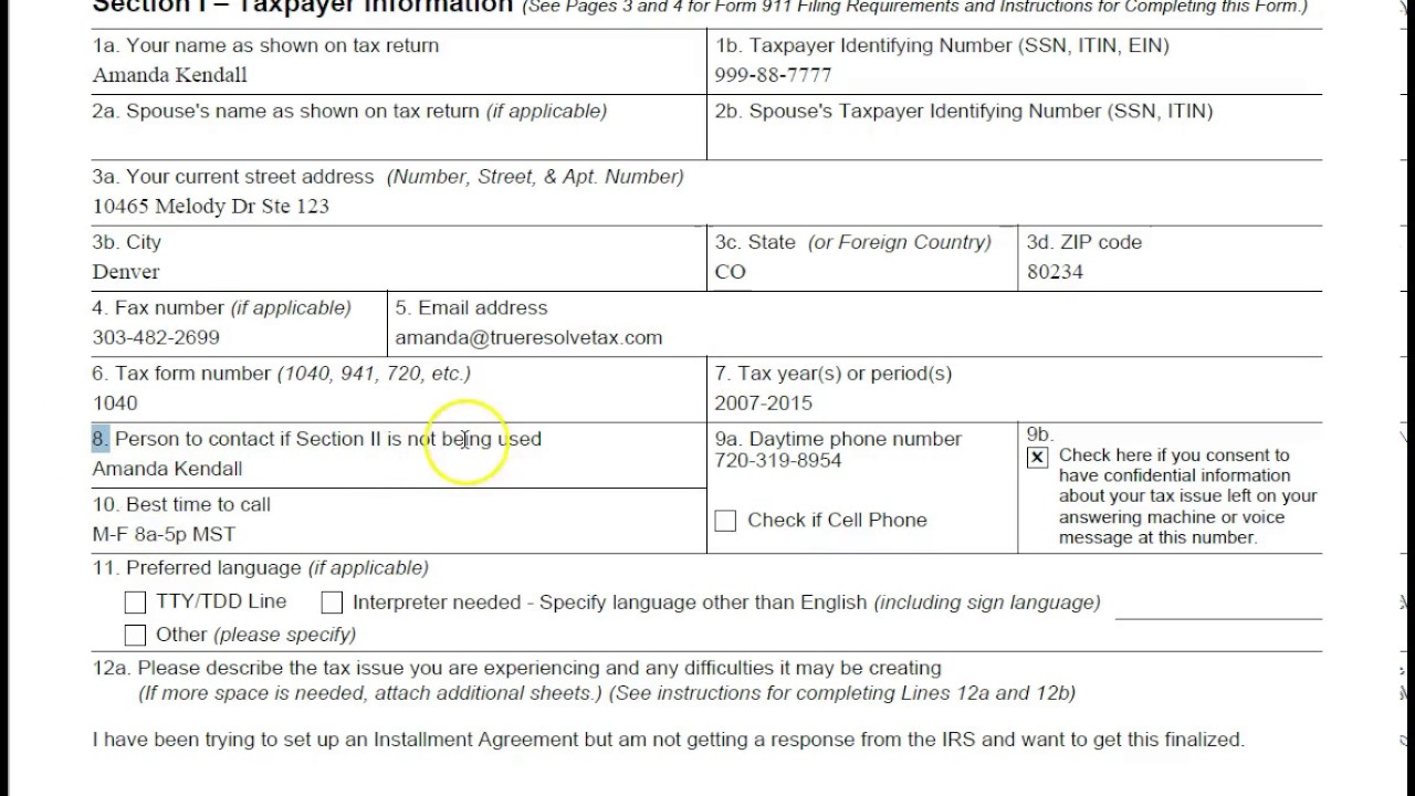 How To Complete Form 911 Request for Taxpayer Advocate Service Assistance