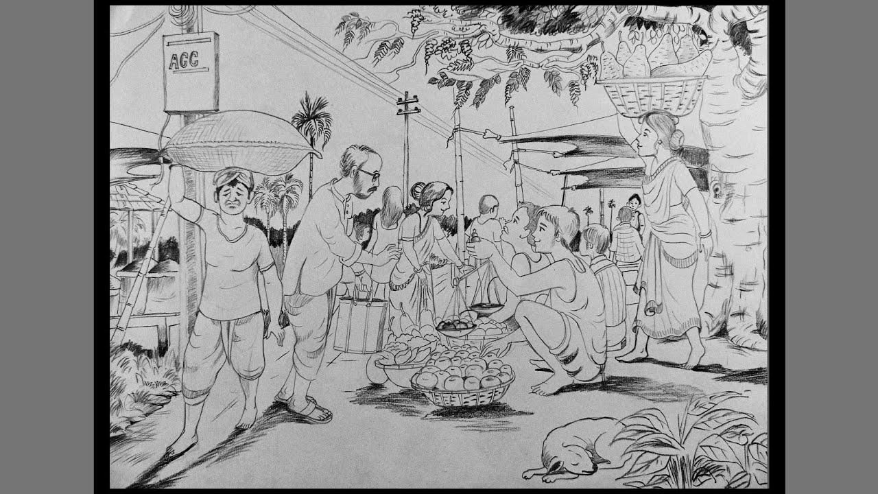 How To Draw Village Market | Outline Drawing Easily