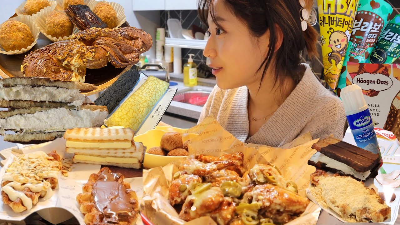 [먹방 브이로그] 생크림 행복하잖아 😚[카페인중독 카야버터샌드,민트와플,크로플,크림빨미까레/푸라닭 고추마요치킨,크레이프롤/소보로호두과자/생크림/콘아이스크림/하겐다즈/코코넛웨이퍼롤