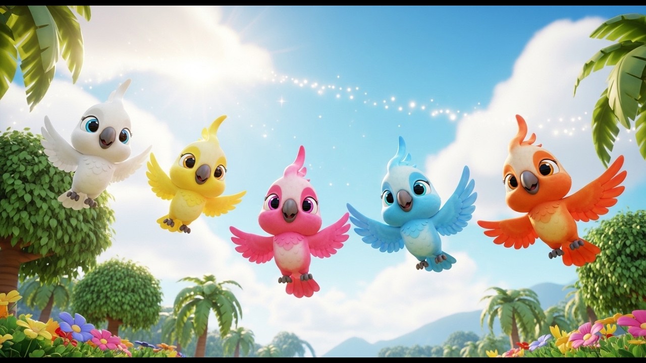 Cinco Pequeñas Cacatúas Chillan y Juegan | Canciones de Aves Tropicales para Niños