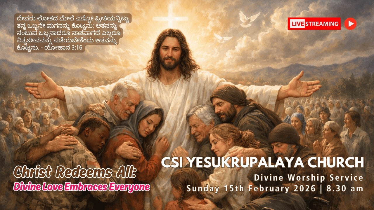 CHRIST REDEEMS ALL: DIVINE LOVE EMBRACES EVERYONE | DIVINE WORSHIP | SUNDAY 15th FEB 2026 | 8.30 am