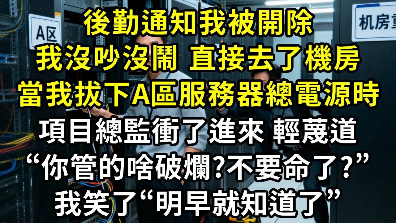 後勤通知我被開除，我沒吵沒鬧 直接去了機房，當我拔下A區服務器總電源時，項目總監衝了進來，輕蔑道：“你管的啥破爛?不要命了?”，我笑了：“明早就知道了”#高田小說社