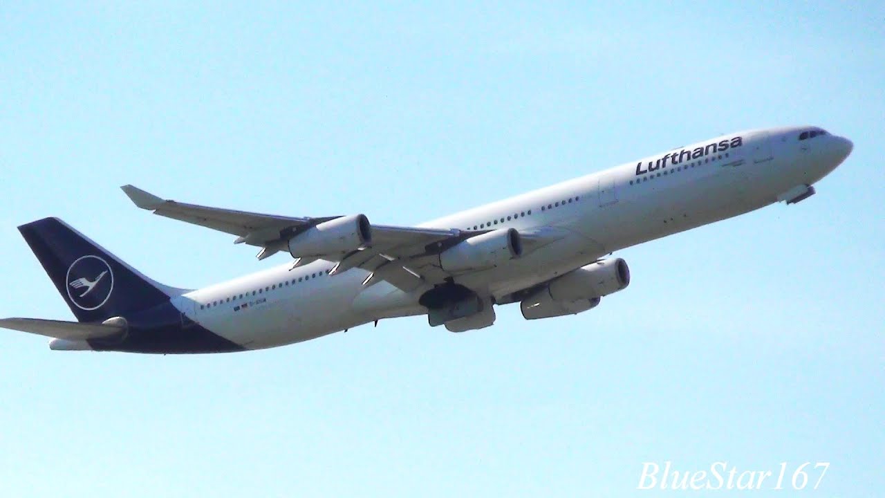 Lufthansa Airbus A340-300 (D-AIGW) takeoff from FRA/EDDF (Frankfurt - am Main) RWY 07C