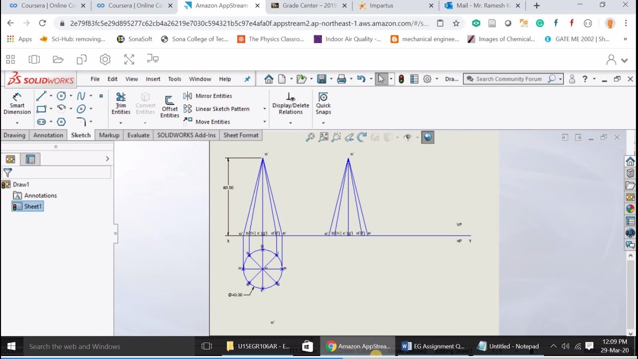 How to draw projection of solid (cone) in online solidworks | Ramesh Kumar A