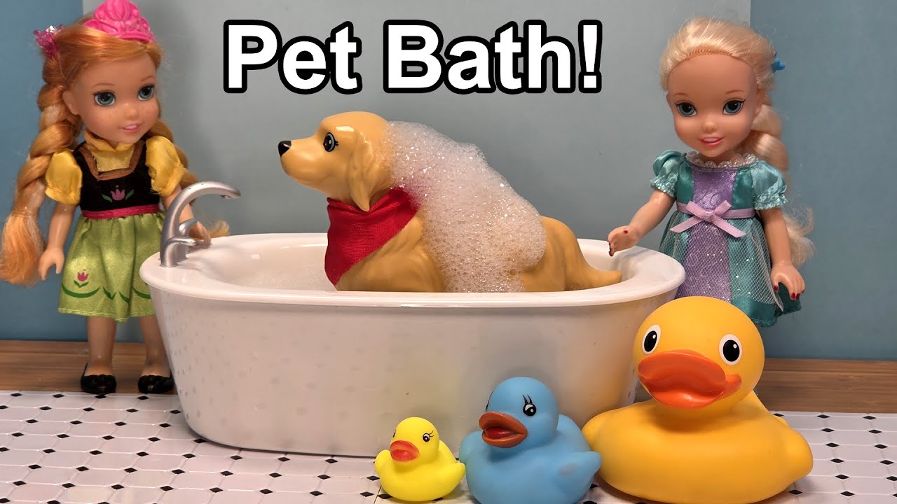 Pet Bath ! Elsa & Anna toddlers - muddy dog & cat - bubbles shampoo